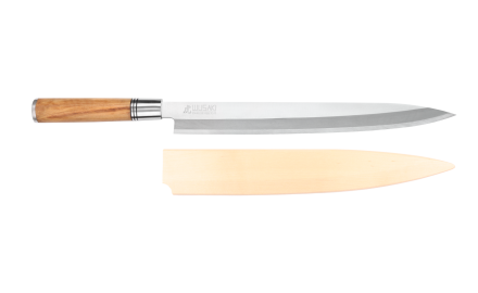 Couteau yanagiba Wusaki Olive 7Cr manche en olivier 30cm + saya