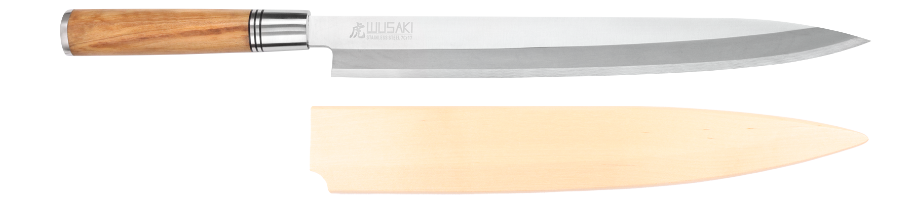 Couteau yanagiba Wusaki Olive 7Cr manche en olivier 30cm + saya