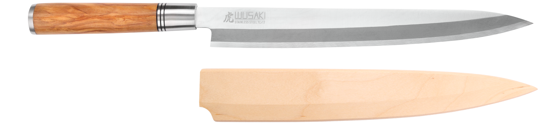 Couteau yanagiba Wusaki Olive 7Cr manche en olivier 27cm + saya