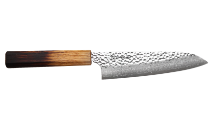Couteau santoku japonais artisanal Wusaki Yaketa damas VG10 17cm manche en chêne brûlé