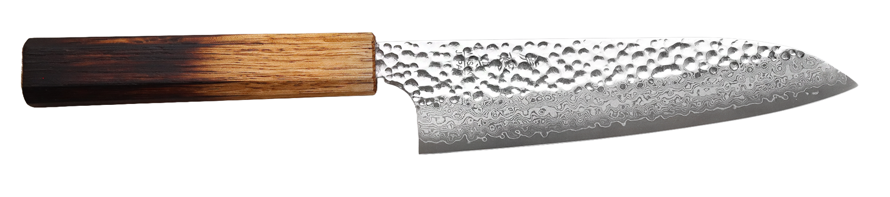 Couteau santoku japonais artisanal Wusaki Yaketa damas VG10 17cm manche en chêne brûlé