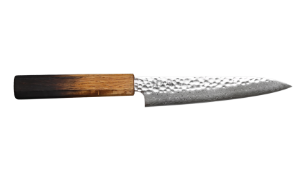 Couteau universel japonais artisanal Wusaki Yaketa damas VG10 15cm manche en chêne brûlé