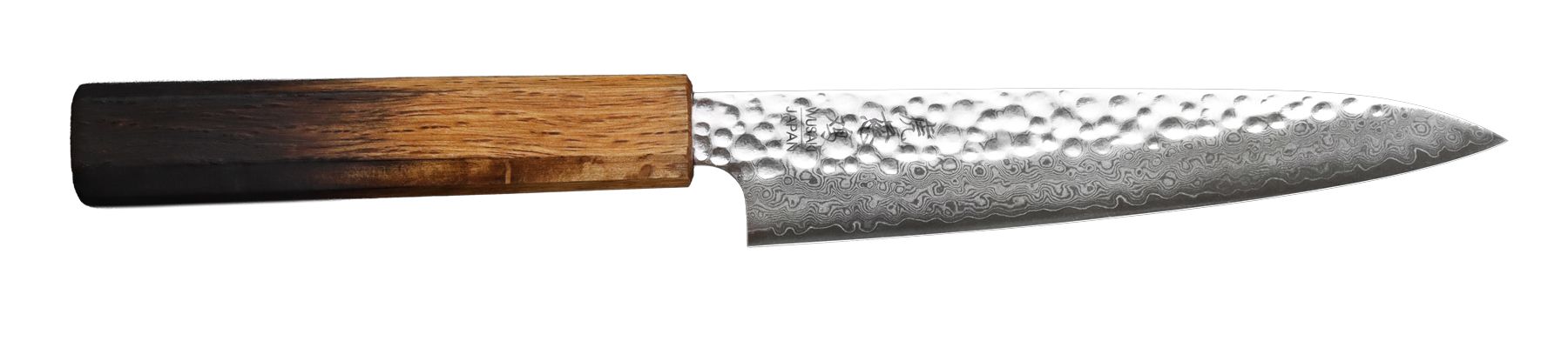 Couteau universel japonais artisanal Wusaki Yaketa damas VG10 15cm manche en chêne brûlé