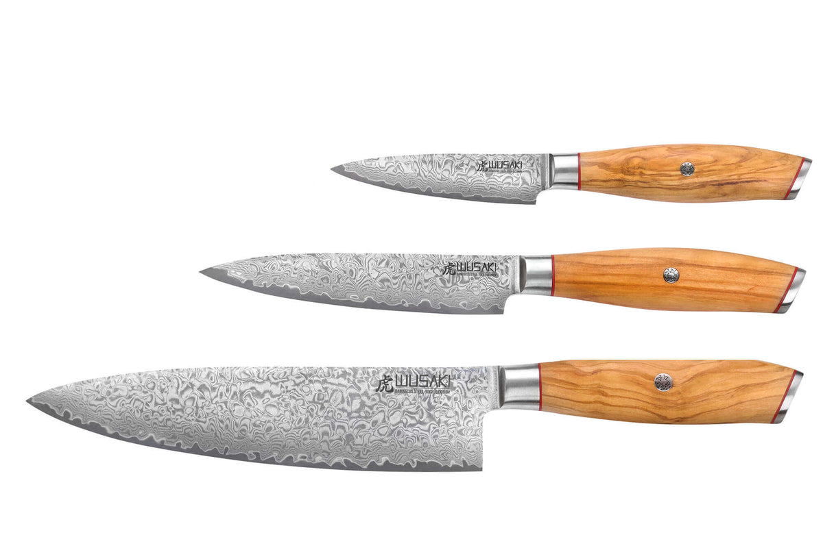 Wusaki Fujiko 10CR Damascus Knife Gift Set Chef + Paring + Utility