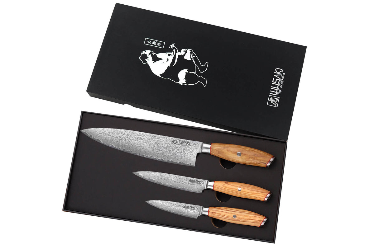 Wusaki Fujiko 10CR Damascus Knife Gift Set Chef + Paring + Utility