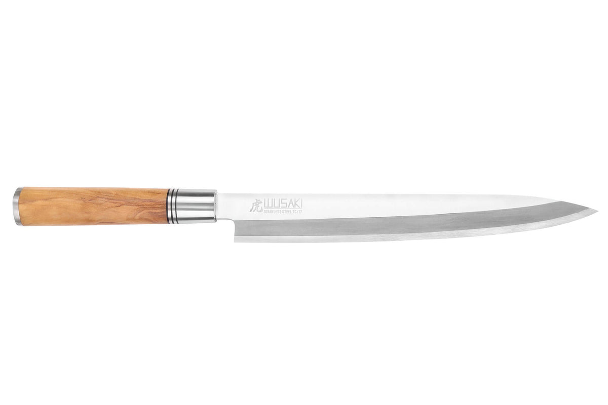 Wusaki Olive 7Cr Yanagiba Knife Olive Wood Handle 24cm + Saya