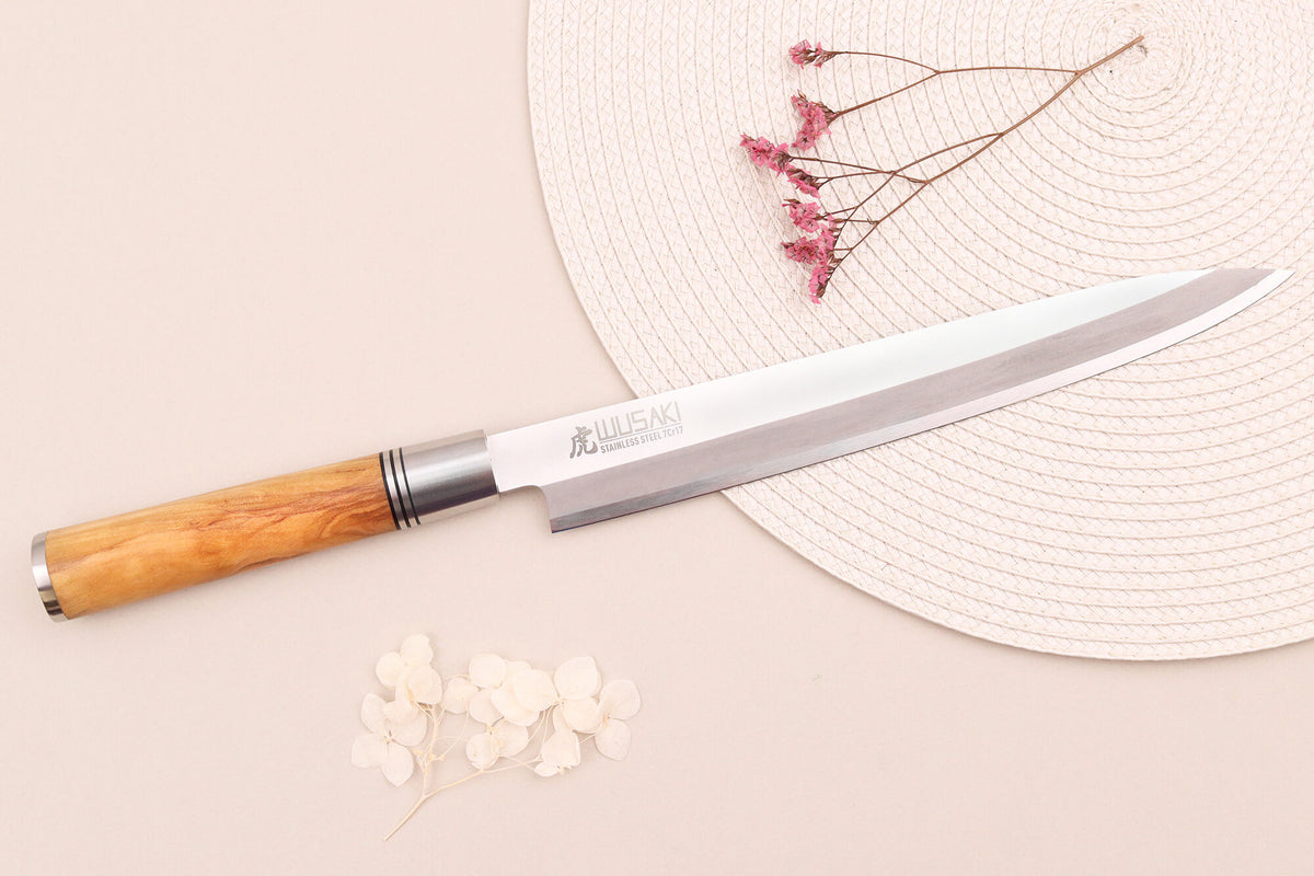 Wusaki Olive 7Cr Yanagiba Knife Olive Wood Handle 24cm + Saya
