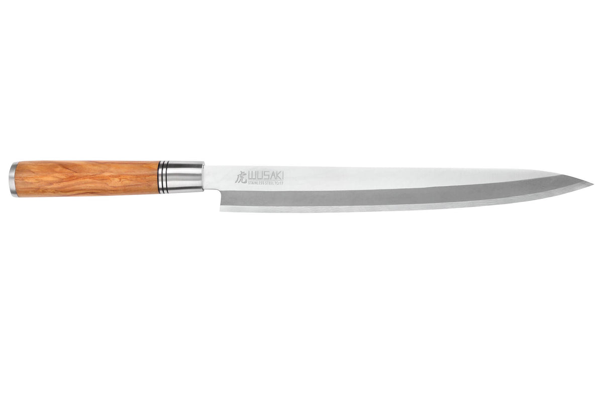 Wusaki Olive 7Cr Yanagiba Knife Olive Wood Handle 27cm + Saya