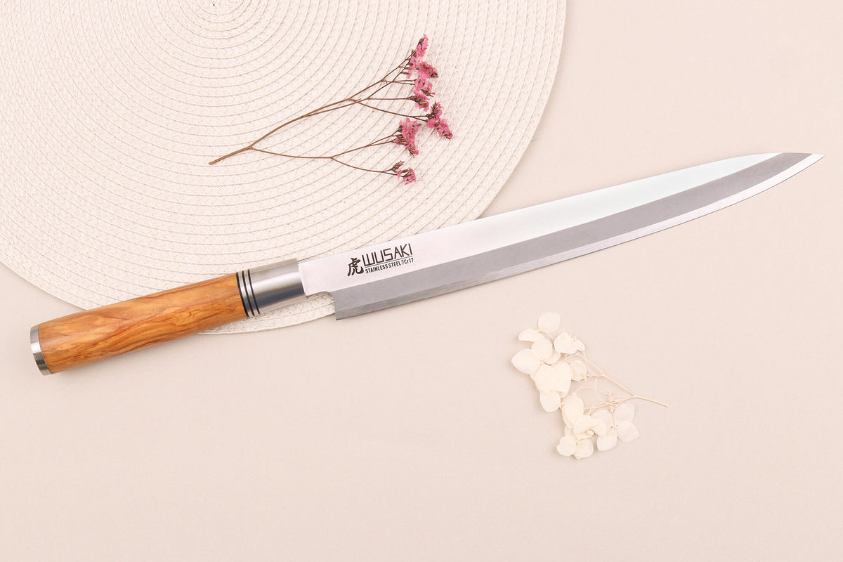 Wusaki Olive 7Cr Yanagiba Knife Olive Wood Handle 27cm + Saya