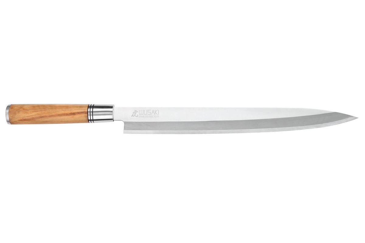 Couteau yanagiba Wusaki Olive 7Cr manche en olivier 30cm + saya
