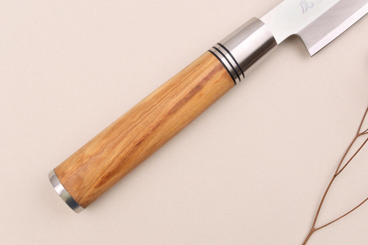 Couteau yanagiba Wusaki Olive 7Cr manche en olivier 30cm + saya