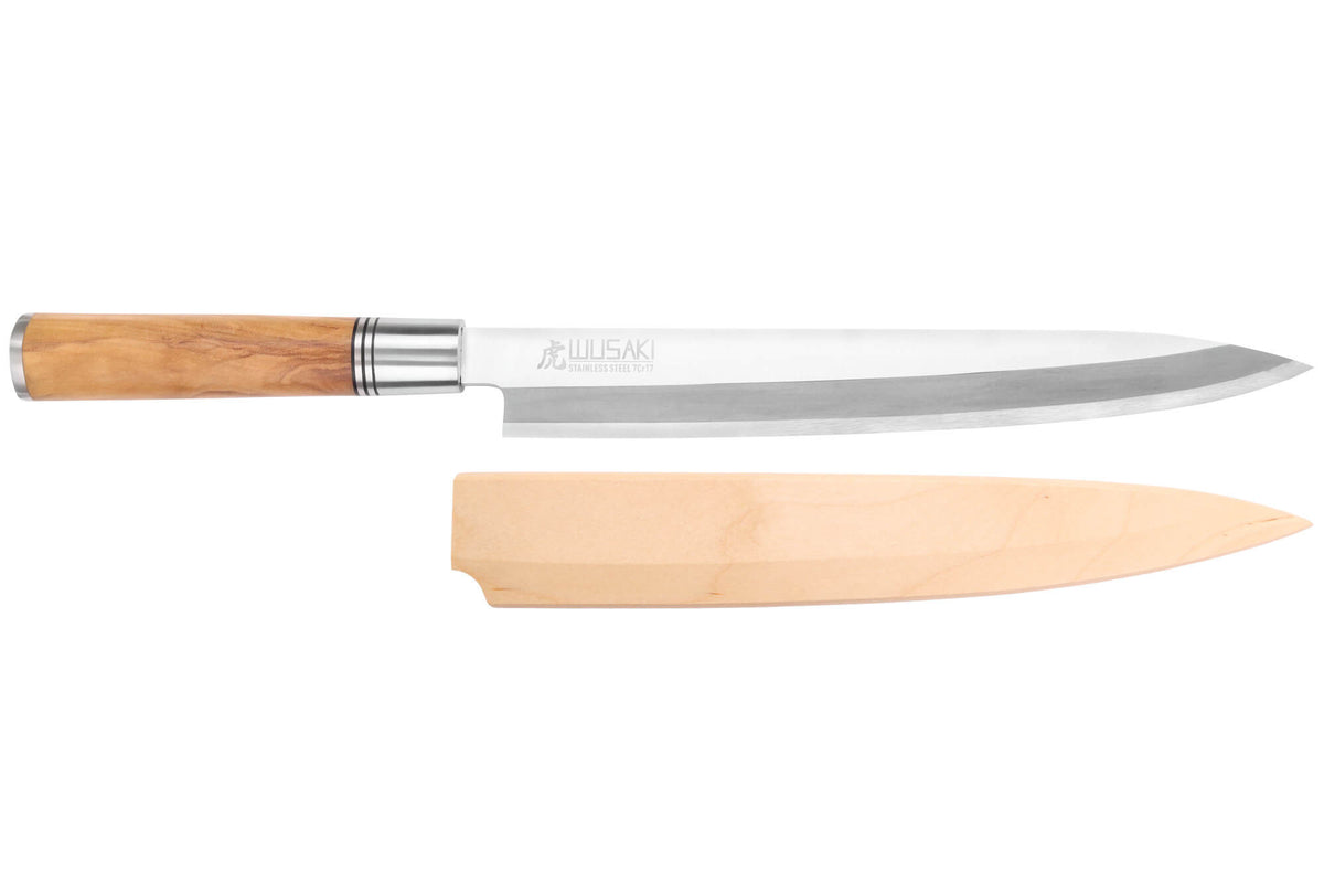 Wusaki Olive 7Cr Yanagiba Knife Olive Wood Handle 24cm + Saya