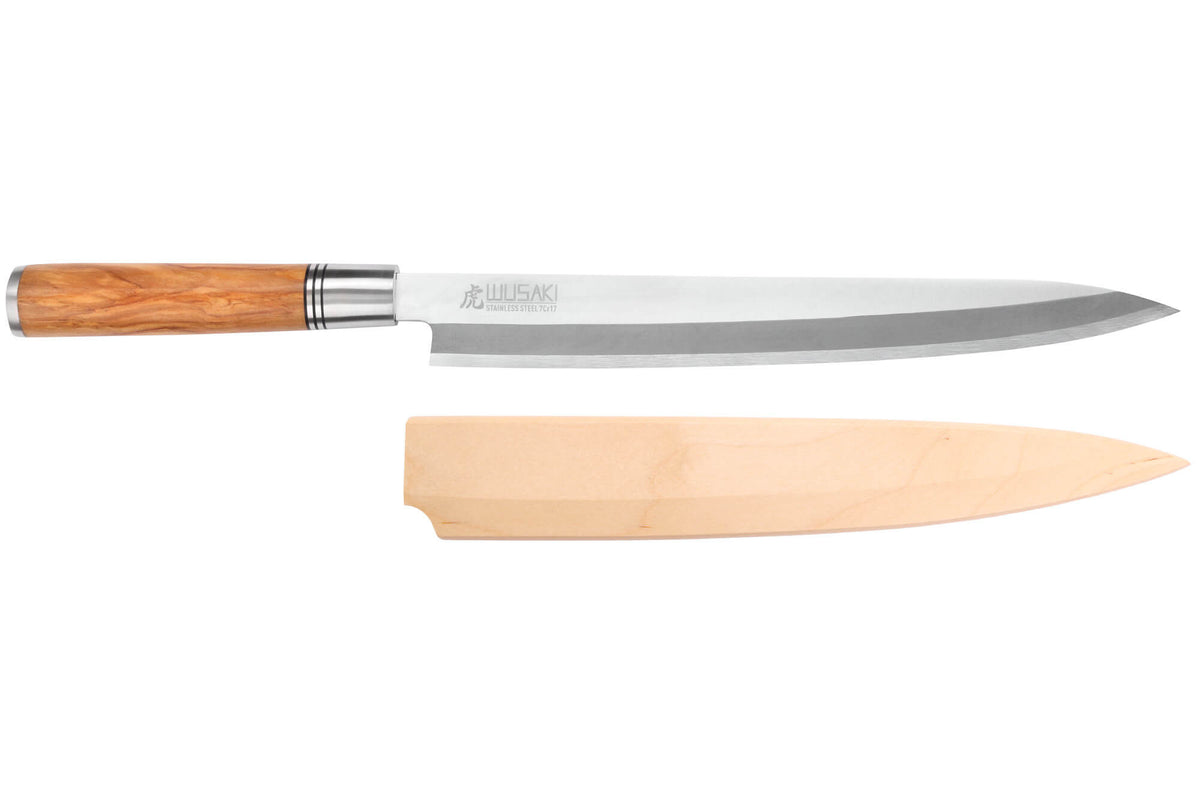 Couteau yanagiba Wusaki Olive 7Cr manche en olivier 27cm + saya