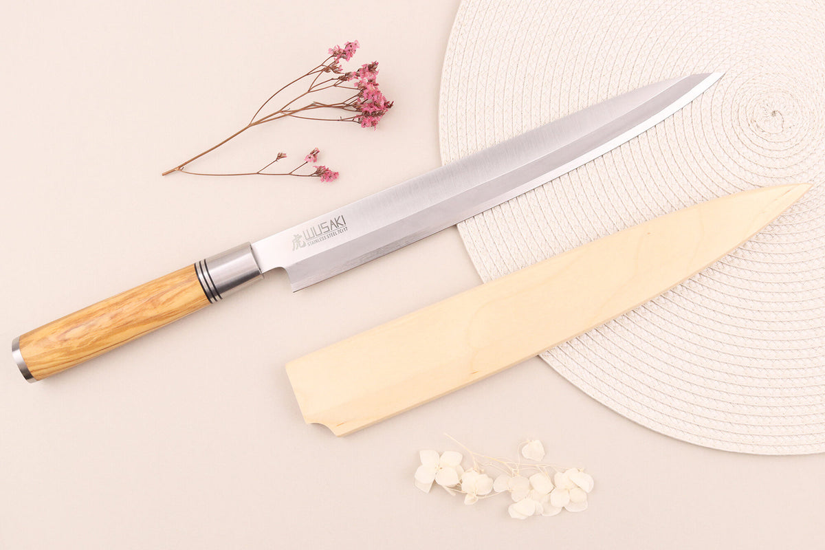 Wusaki Olive 7Cr Yanagiba Knife Olive Wood Handle 27cm + Saya