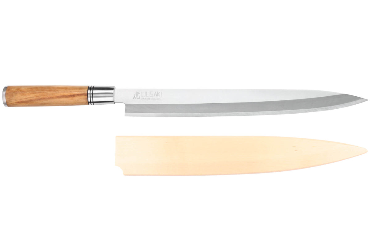 Couteau yanagiba Wusaki Olive 7Cr manche en olivier 30cm + saya