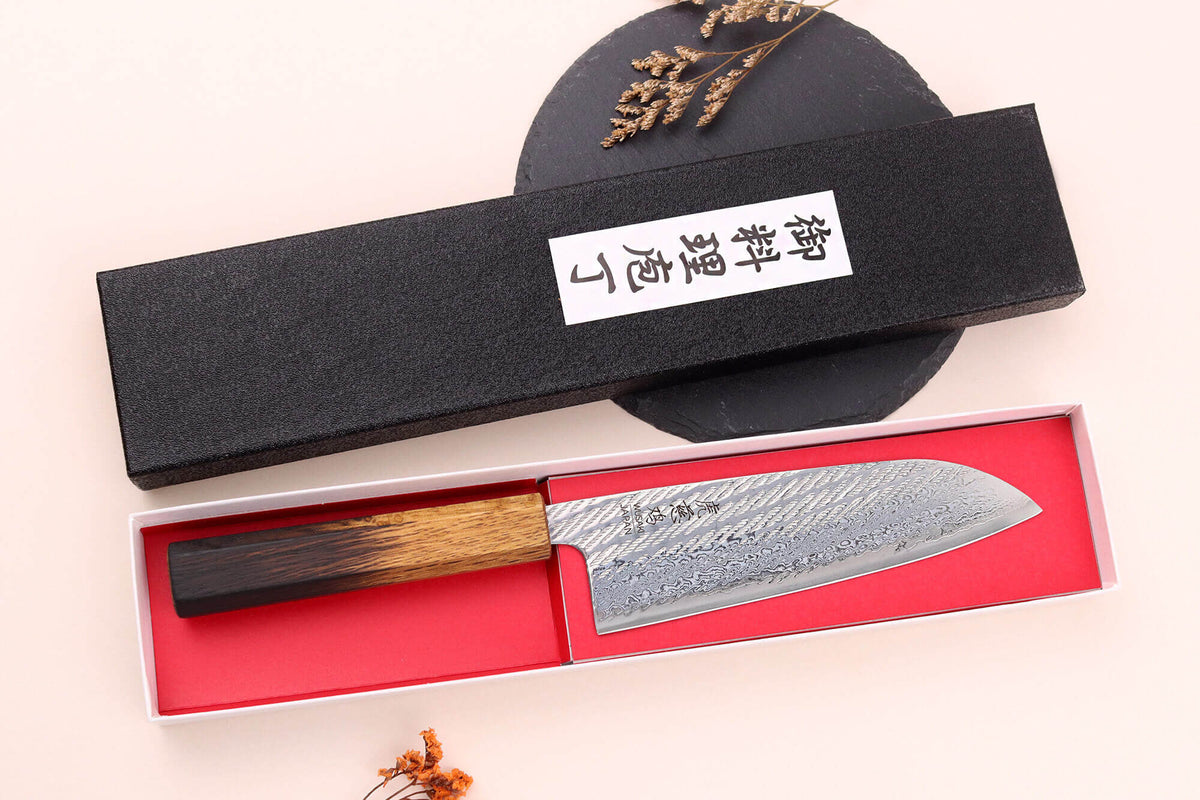 Couteau santoku japonais artisanal Wusaki Nawame AUS10 damas 16,5 cm - Wusaki