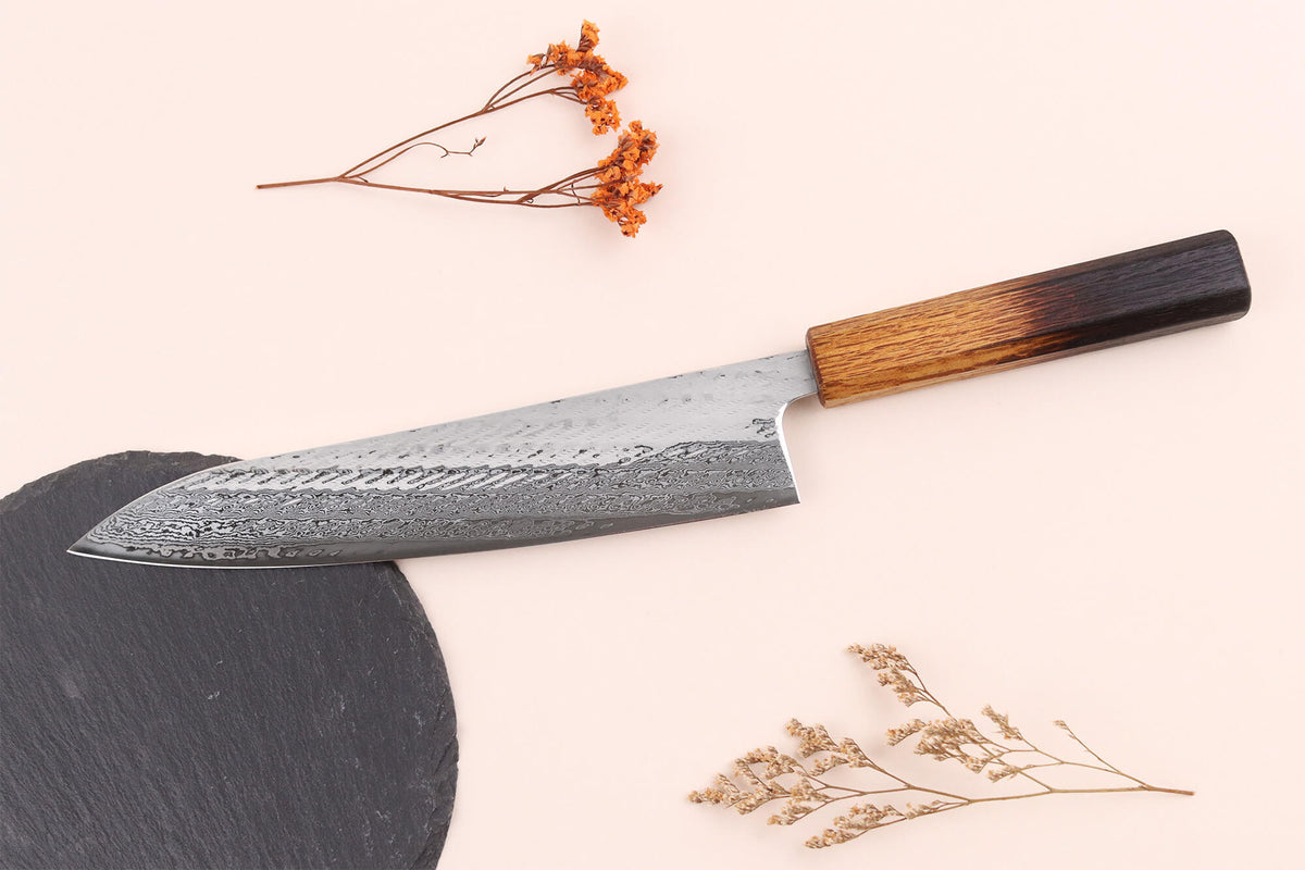 Couteau de cuisine japonais 21 cm artisanal Wusaki Nawame AUS10 damas - Wusaki