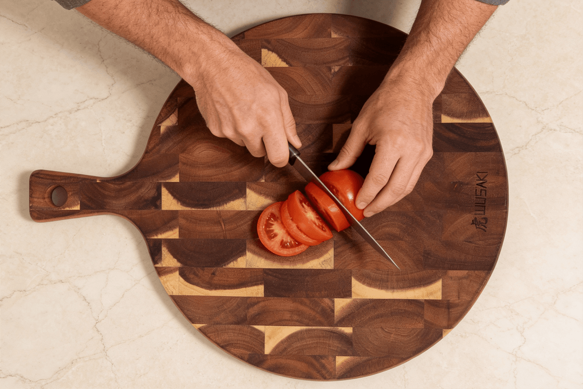 Round Cutting Board with Handle 42.5x32cm Acacia Checkerboard