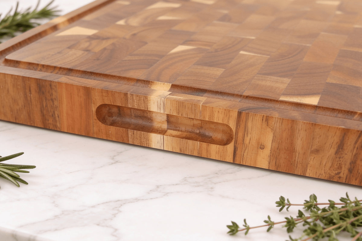 Billot de cuisine réversible avec 8 patins 48x35cm en acacia damier