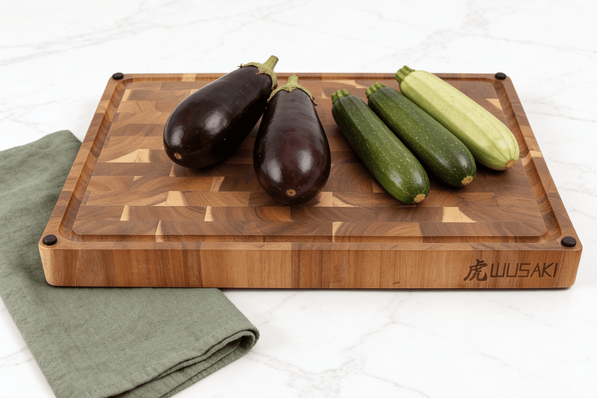 Billot de cuisine réversible avec 8 patins 48x35cm en acacia damier