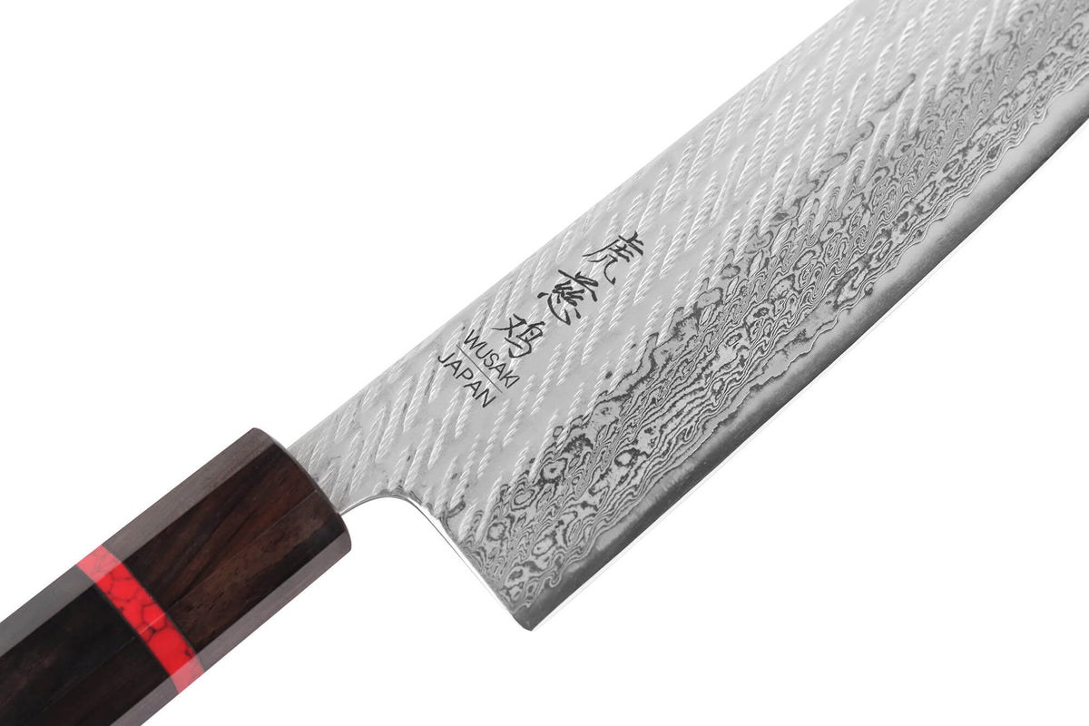 Couteau de chef 24cm japonais artisanal Nawame Ébène AUS10 damas