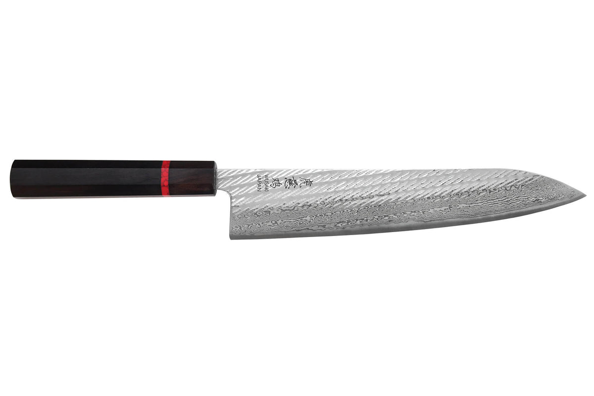 Couteau de chef 24cm japonais artisanal Nawame Ébène AUS10 damas