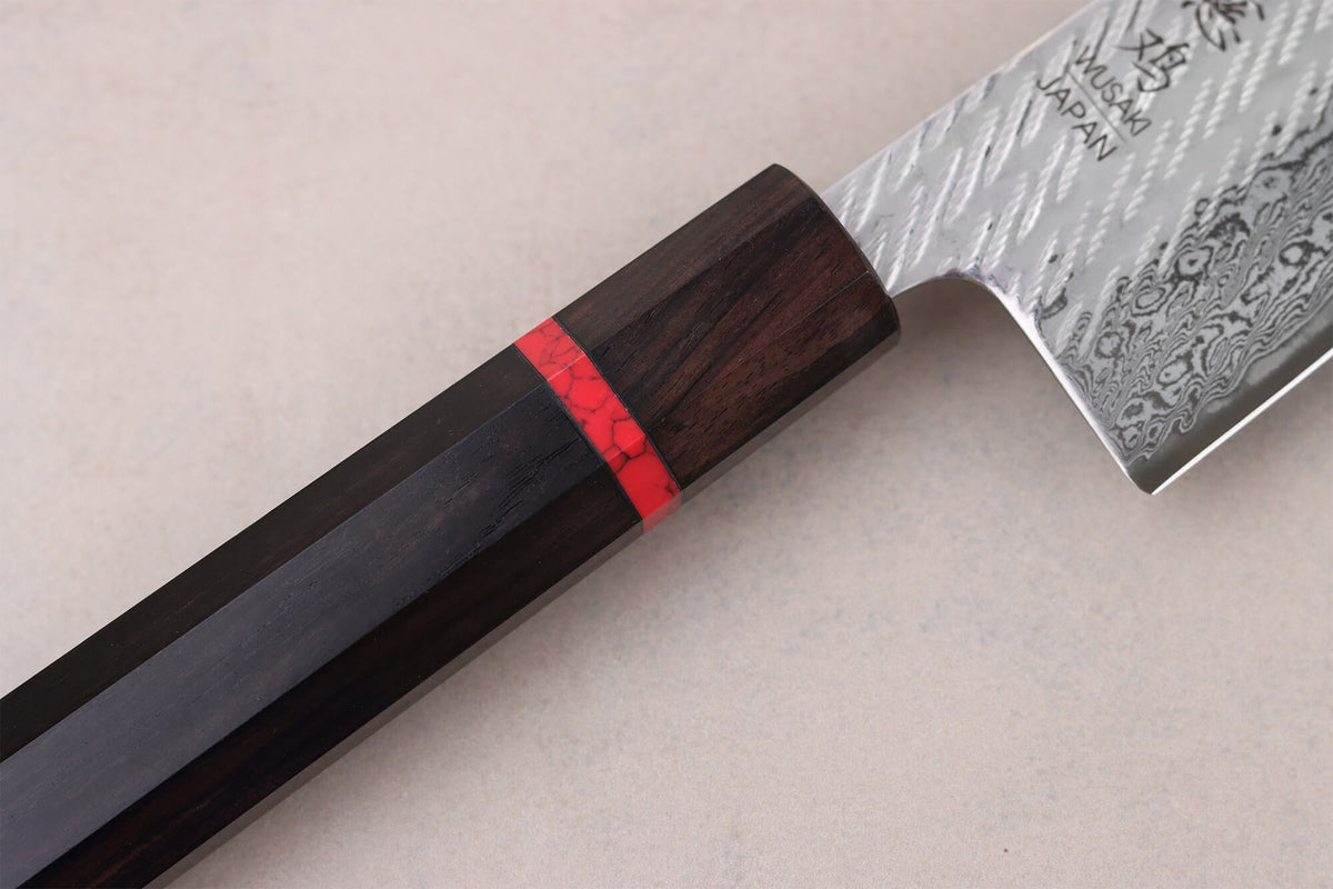 Couteau de chef 24cm japonais artisanal Nawame Ébène AUS10 damas