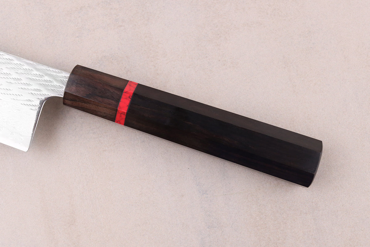 Couteau de chef 24cm japonais artisanal Nawame Ébène AUS10 damas