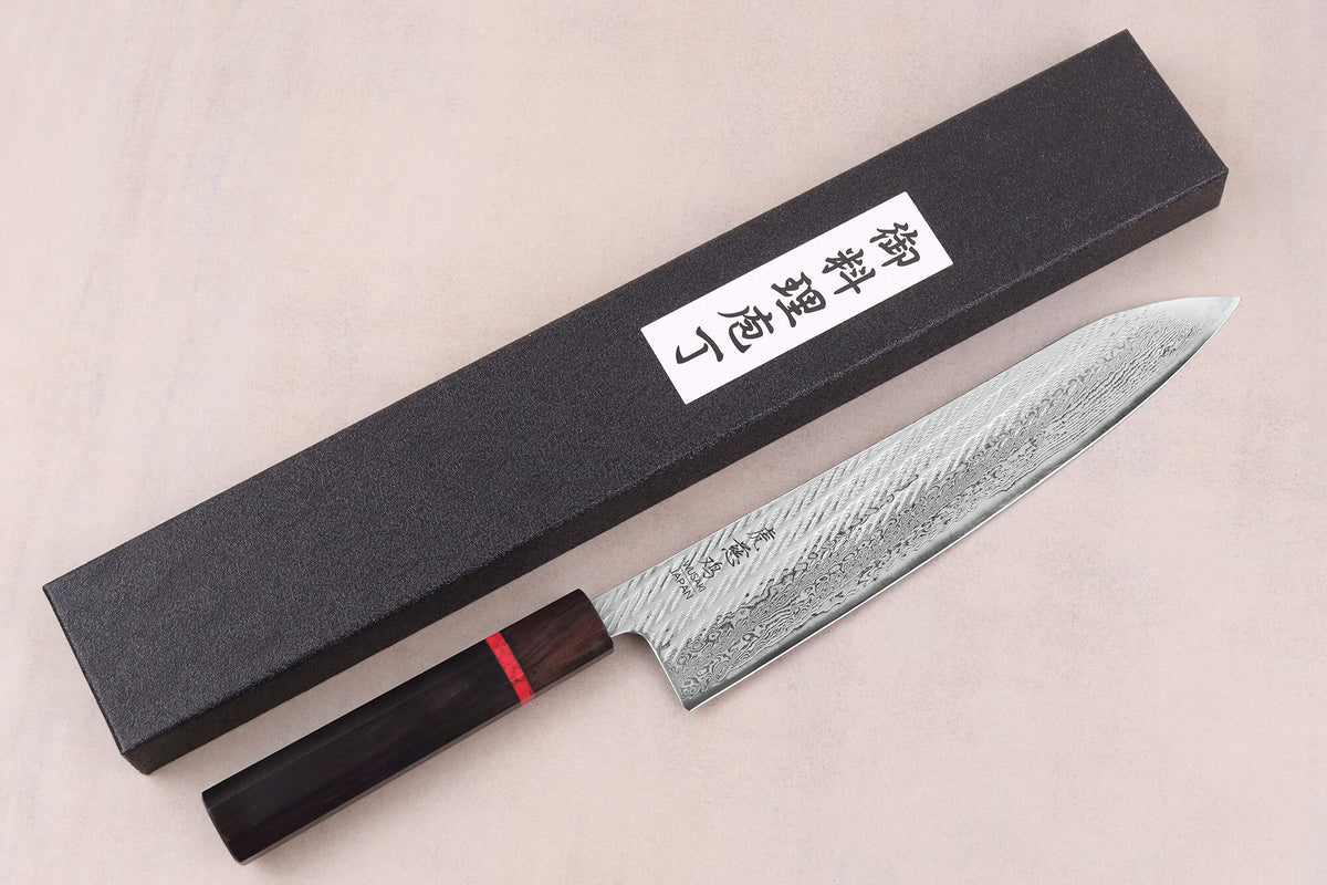 Couteau de chef 24cm japonais artisanal Nawame Ébène AUS10 damas