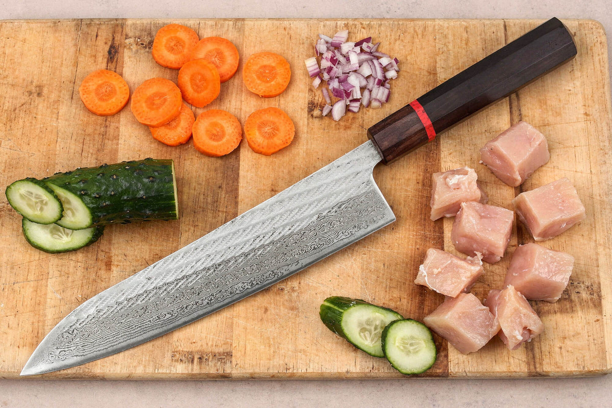 Couteau de chef 24cm japonais artisanal Nawame Ébène AUS10 damas