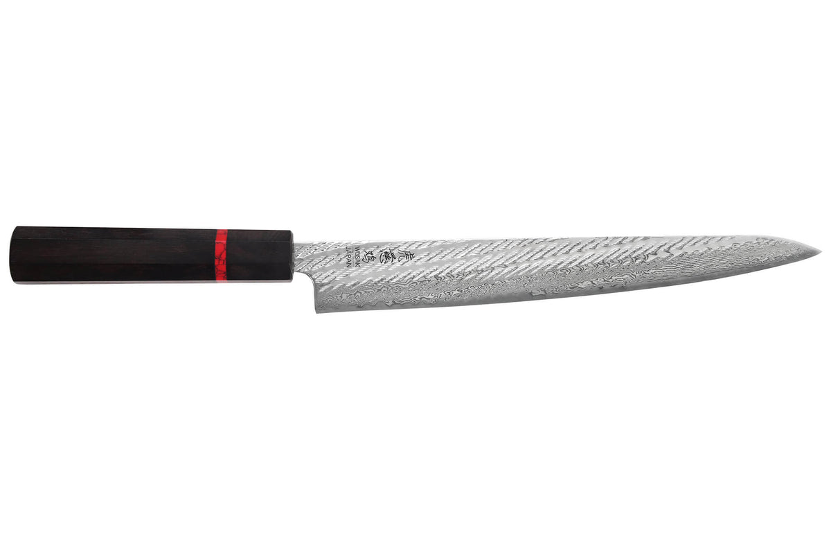 Couteau sujihiki 24cm japonais artisanal Nawame Ébène AUS10 damas