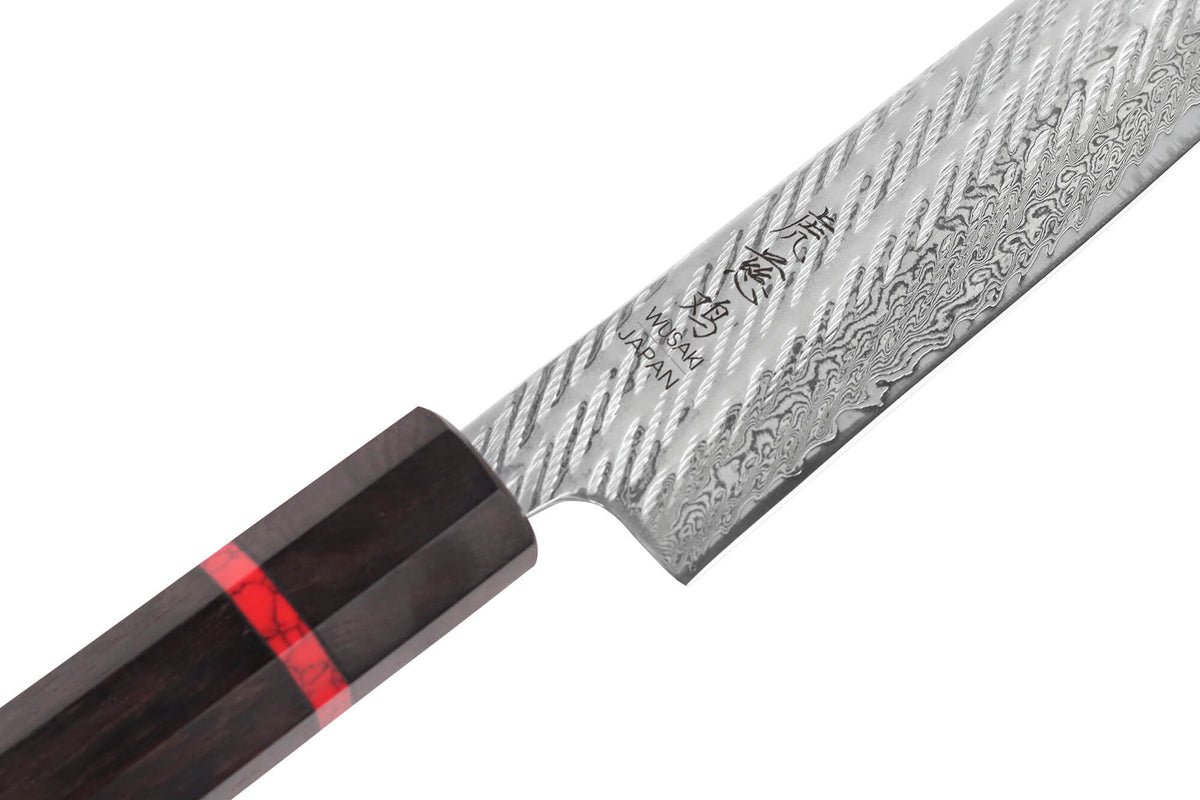 Couteau sujihiki 24cm japonais artisanal Nawame Ébène AUS10 damas