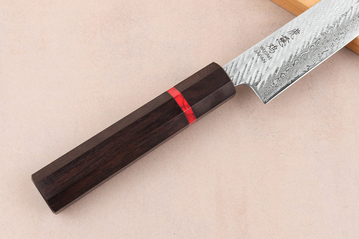 Couteau sujihiki 24cm japonais artisanal Nawame Ébène AUS10 damas