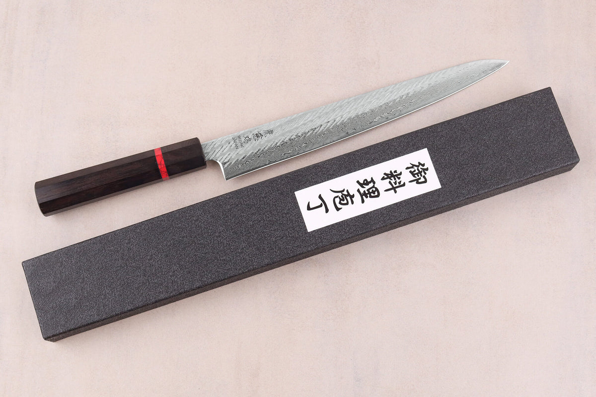 Couteau sujihiki 24cm japonais artisanal Nawame Ébène AUS10 damas