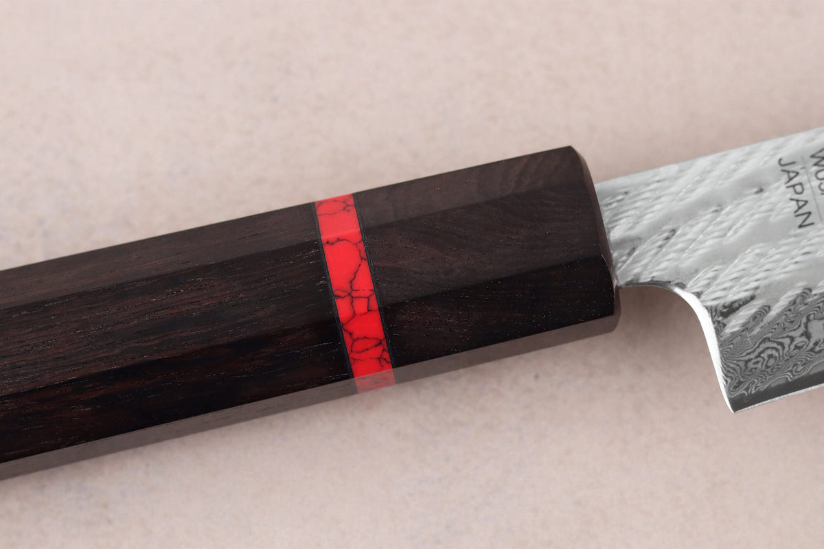 Couteau sujihiki 24cm japonais artisanal Nawame Ébène AUS10 damas
