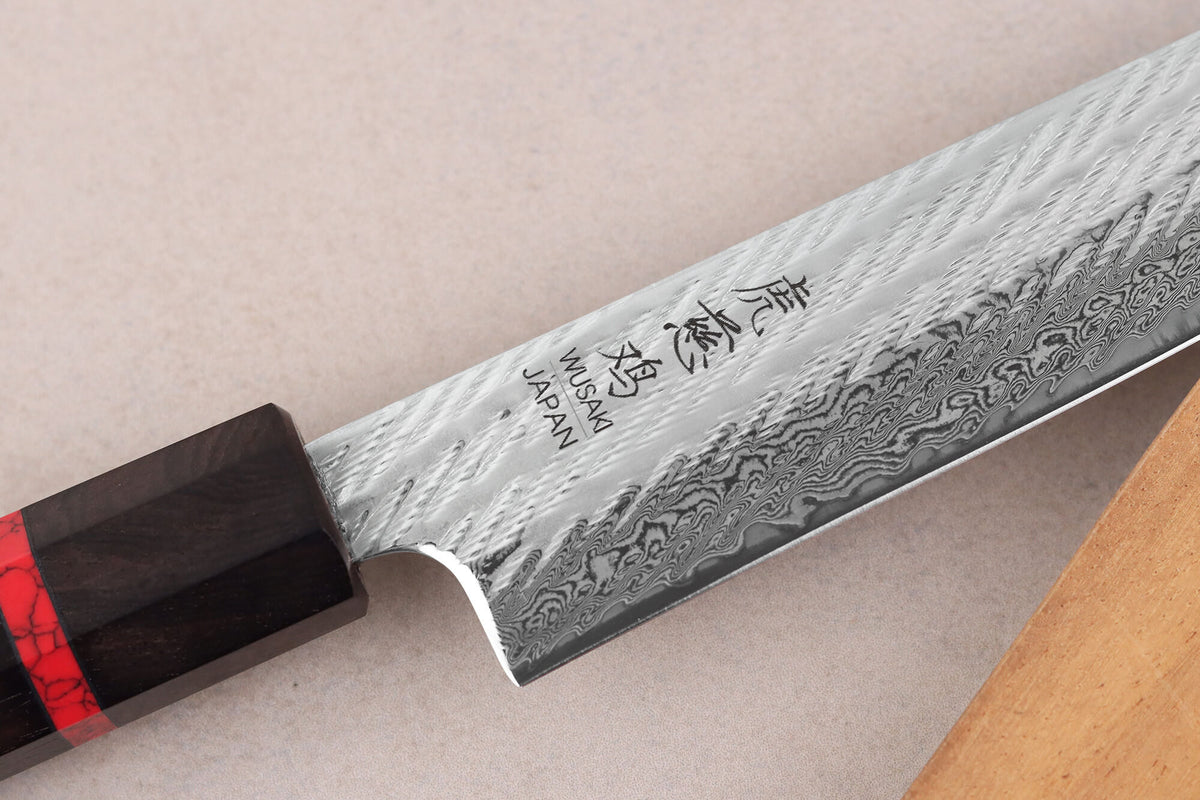 Couteau sujihiki 24cm japonais artisanal Nawame Ébène AUS10 damas