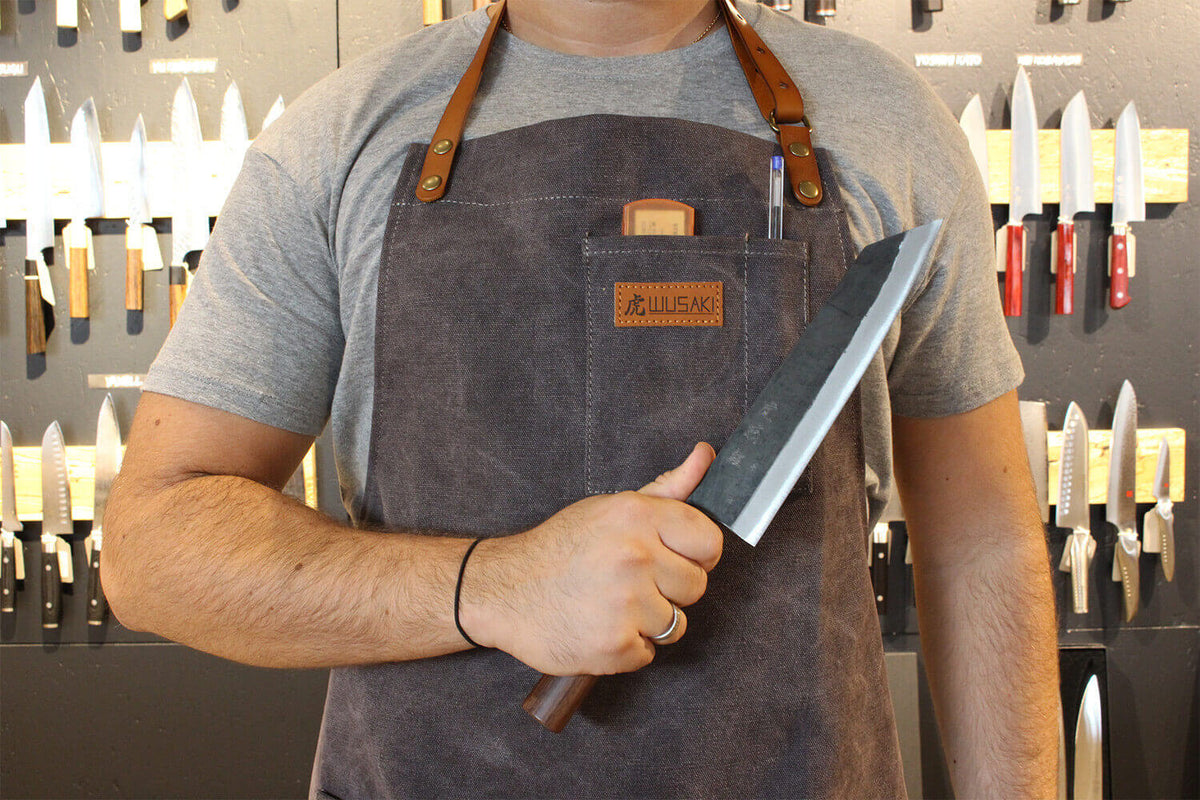 Wusaki Kitchen Apron Grey Canvas and Leather