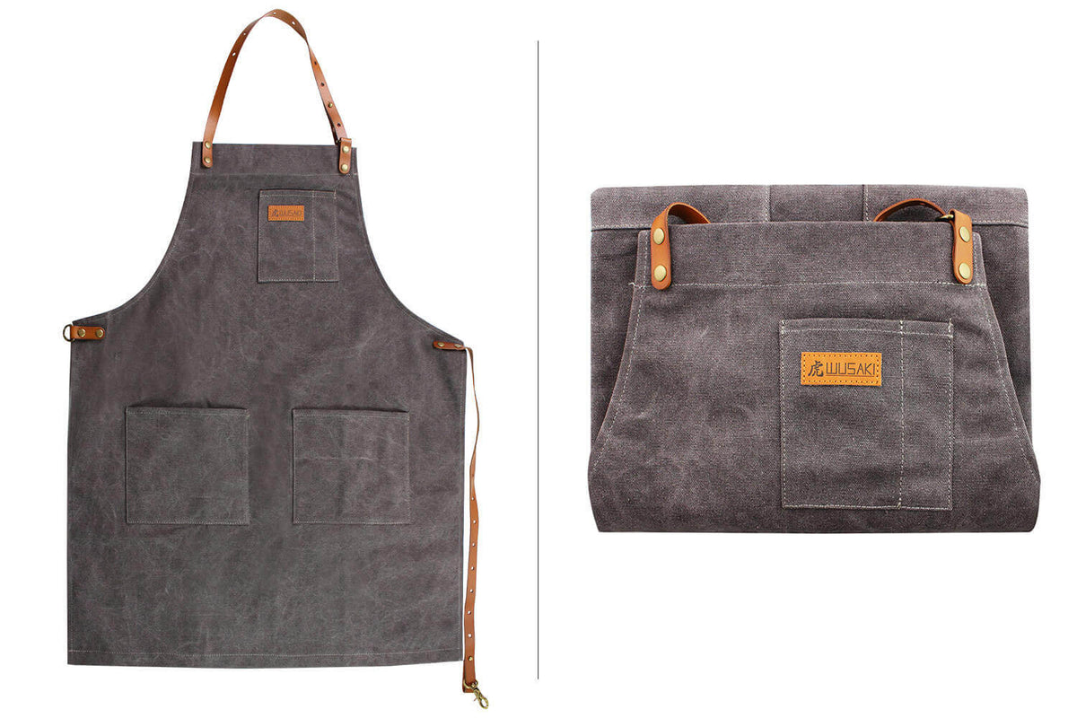 Tablier de cuisine Wusaki en toile grise et cuir