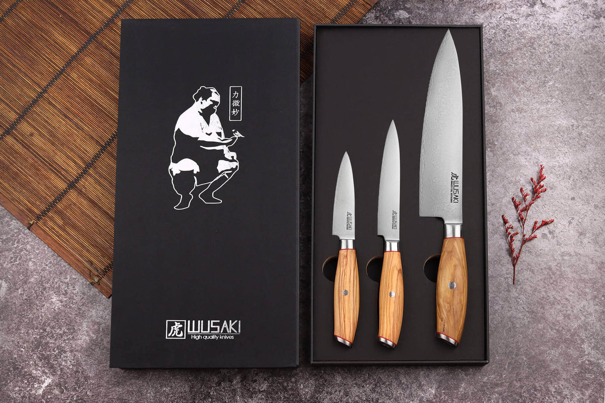 Wusaki Fujiko 10CR Damascus Knife Gift Set Chef + Paring + Utility