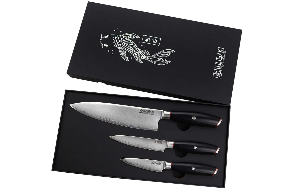 Coffret couteaux Wusaki Fujiko Black 10CR lame San Mai - Chef + Office + Universel