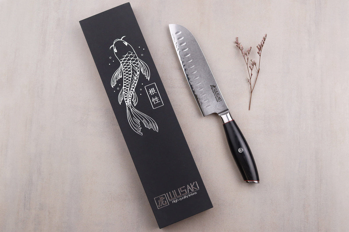Wusaki Fujiko Black 10CR Santoku Knife San Mai Blade 18cm