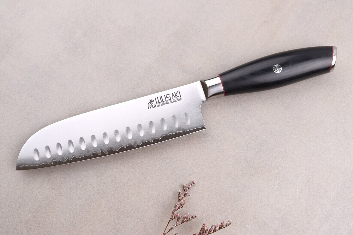 Wusaki Fujiko Black 10CR Santoku Knife San Mai Blade 18cm