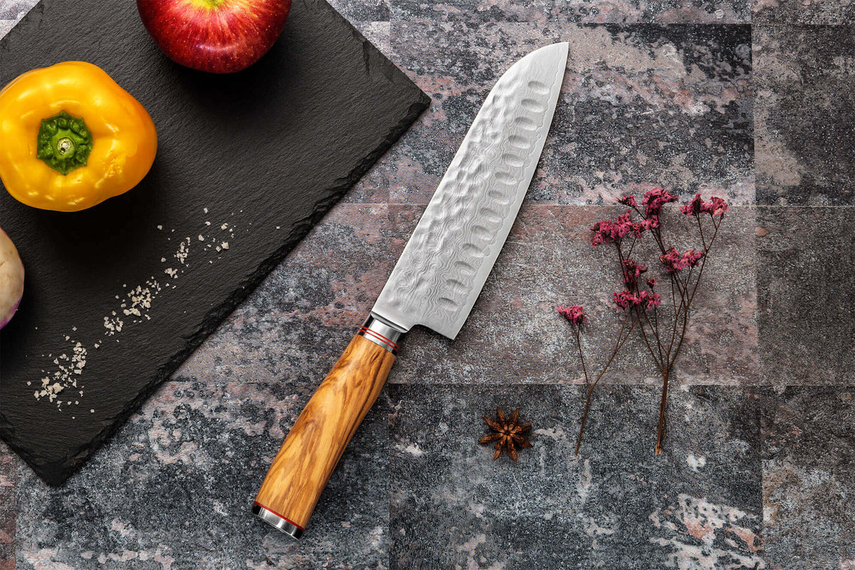 Couteau santoku alvéolé 18cm Damas Olive 10Cr