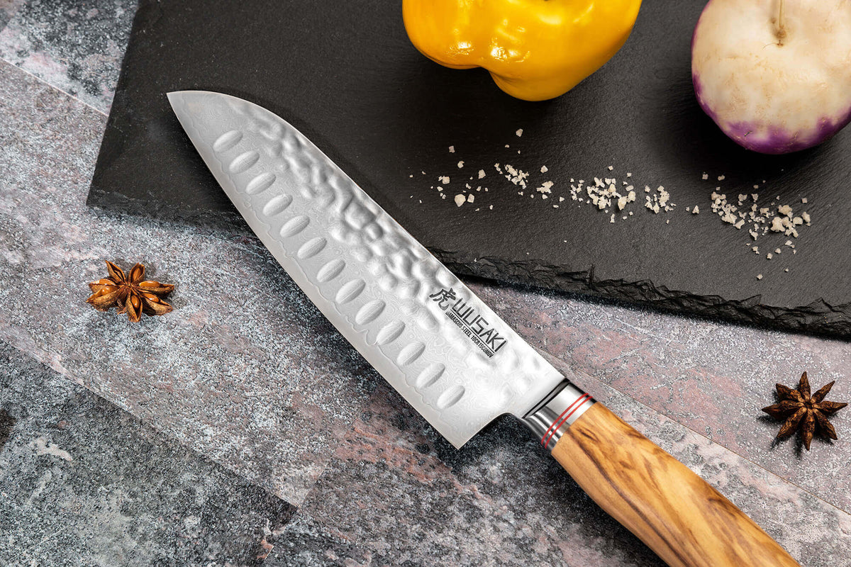 Couteau santoku alvéolé 18cm Damas Olive 10Cr
