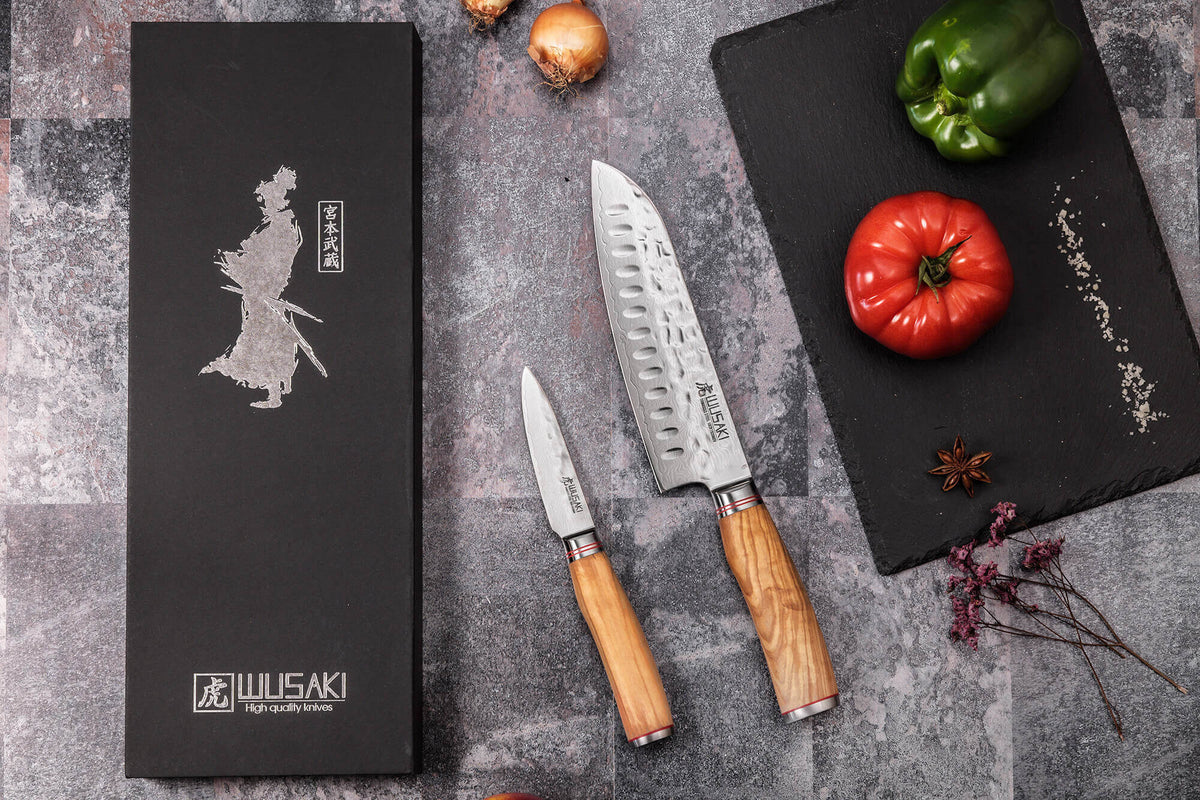 Coffret couteaux Wusaki Damas Olive 10Cr 1 Santoku + 1 Office