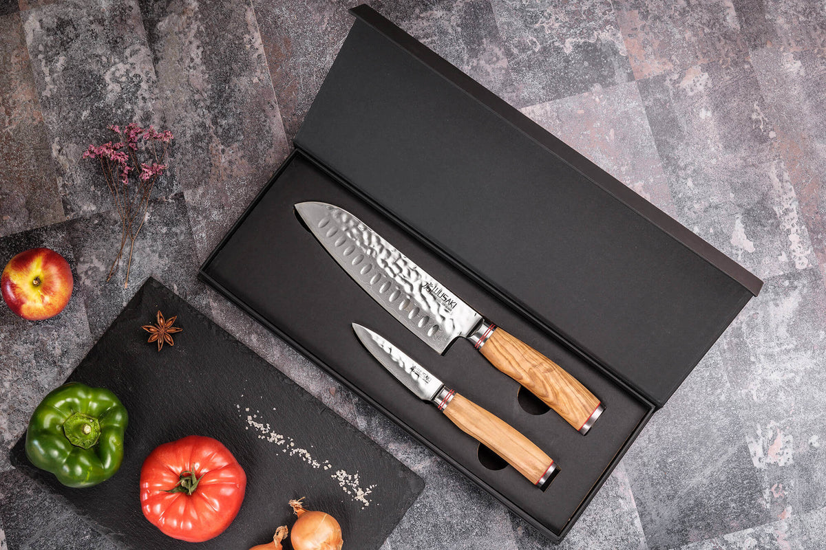 Coffret couteaux Wusaki Damas Olive 10Cr 1 Santoku + 1 Office