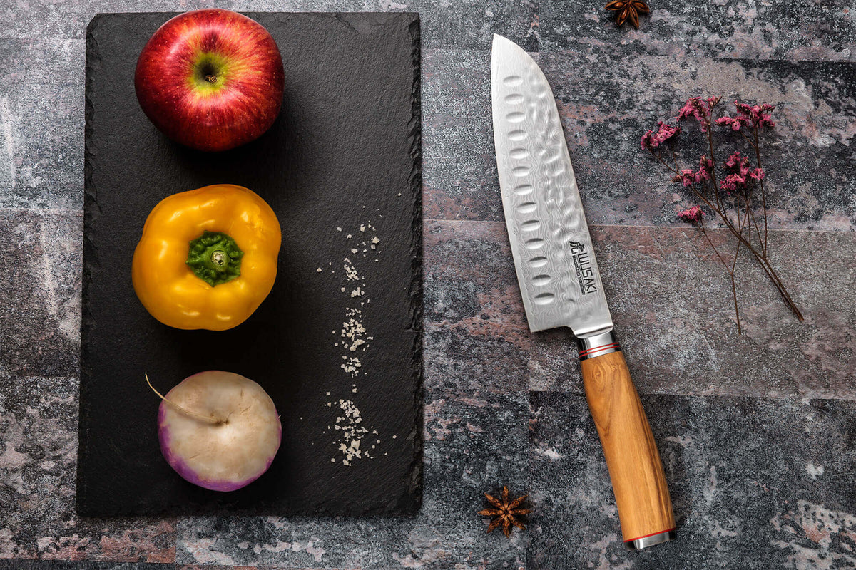 Coffret couteaux Wusaki Damas Olive 10Cr 1 Santoku + 1 Office