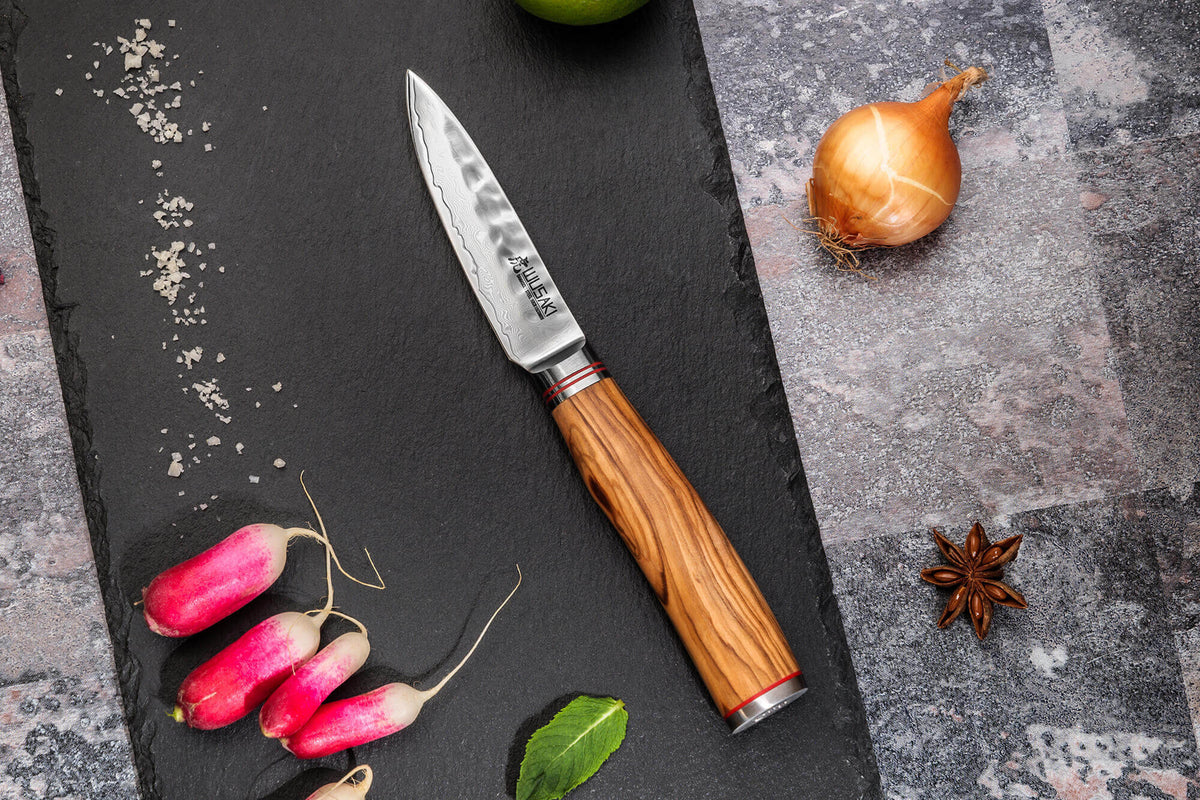 Coffret couteaux Wusaki Damas Olive 10Cr 1 Chef + 1 Universel + 1 Office