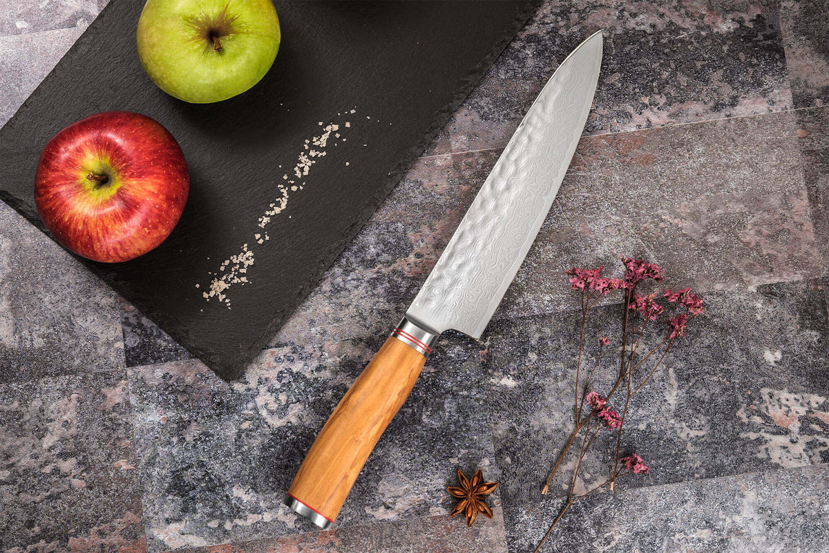 Coffret couteaux Wusaki Damas Olive 10Cr 1 Chef + 1 Universel + 1 Office