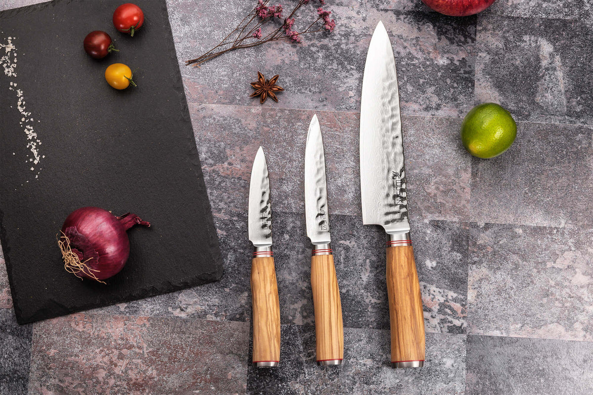 Coffret couteaux Wusaki Damas Olive 10Cr 1 Chef + 1 Universel + 1 Office